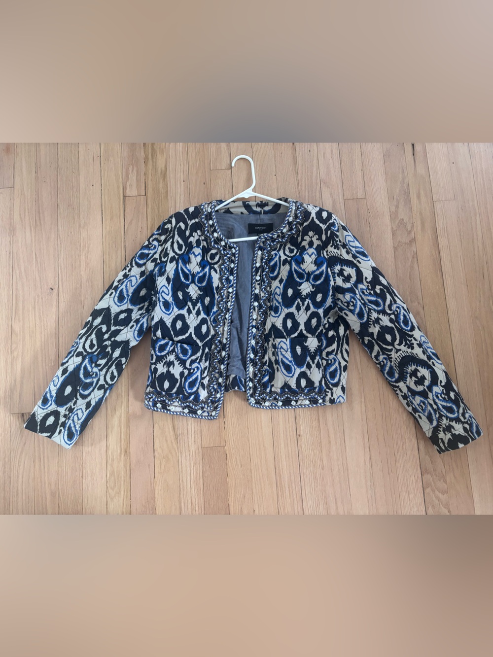 Mango Blue and Black Patterned Jacket with Floral Trim